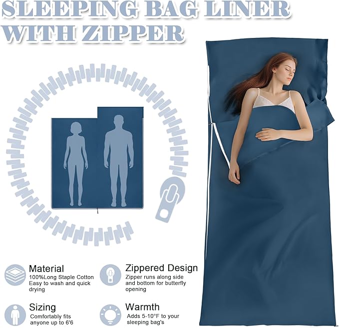 Sleeping Bag LinerLong Staple Cotton Adult Sleep Sack &amp Travel SheetsTravel Sleep Sack for Backpacking Hotels &amp Hostels Lightweight Travel Sheet Camping SheetsHas Full Length Zipper