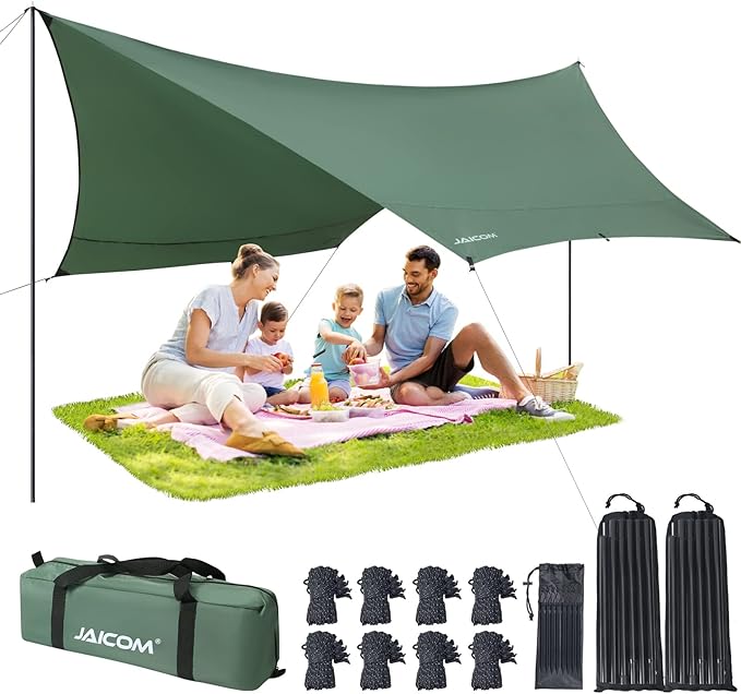 Camping Tarp 14 X 12FT Tarp with 2 Poles Waterproof &amp Lightweight Tent Tarp Car Awning UV UPF50+ Rain Fly Sun Shelter Can Used with Hammock in Outdoor Garden and Backpacking