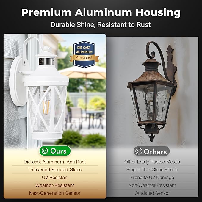VIANIS Motion Sensor Outdoor Wall Light Fixtures 2-Pack White Dusk to Dawn Front Porch Lights Anti-Rust Outdoor Lanterns Wall Mount with Adjustable Sense Range Exterior Coach Light for Garage