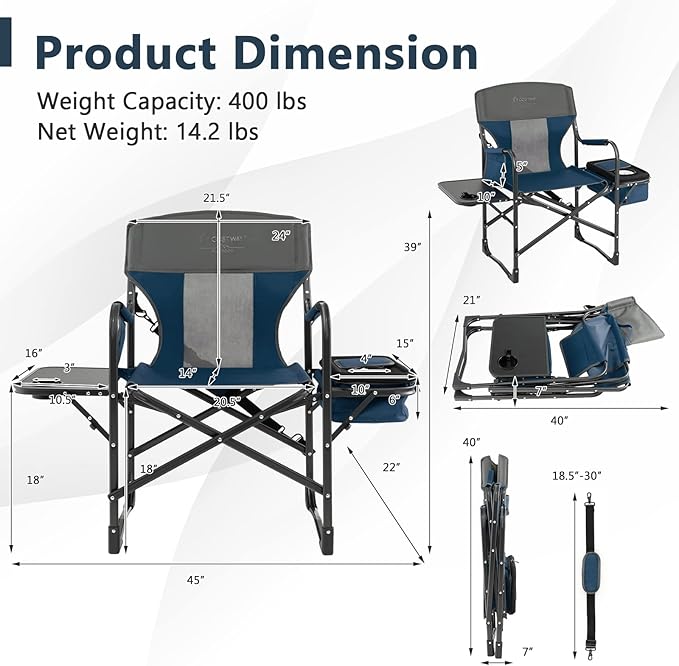 COSTWAY Folding Camping Chair Heavy-Duty Director Chair Supports 400lbs for Adults with Side Table Cooler Bag Storage Strap Portable Makeup Chair Suitable for Fishing Picnic