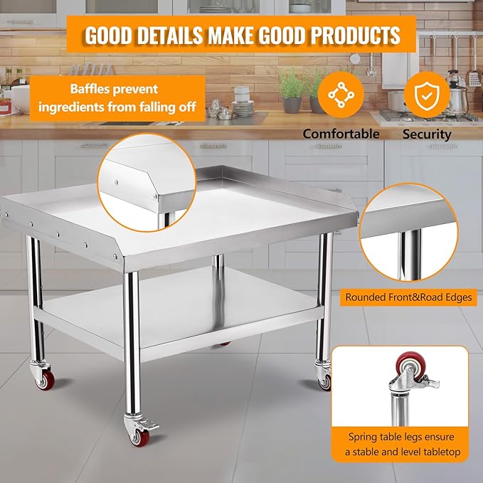 Stainless Steel Table 36x28 Inch Commercial Work Table with Wheels 1000 lbs Capacity Adjustable Shelf Heavy-Duty Equipment Grill Stand for Kitchen Restaurant BBQ