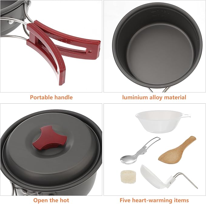 Yardwe Camping Cookware Set for 1-2 People Red Portable Outdoor Aluminum Pot Pan Bowl Combo Lightweight Hiking Picnic Cook Set for Camping and Travel
