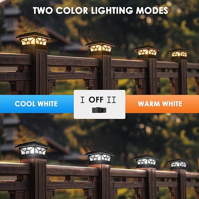 8 Pack Solar Post Cap Lights Outdoor Waterproof Fits 4x4 5x5 6x6 Wooden &amp Vinyl Fence Decks Edison LED Bulb with Warm &amp Cool White Light Modes (Classic Black 8)