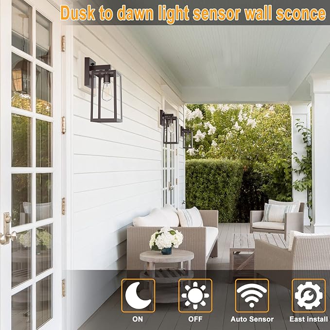 SHINE HAI Dusk to Dawn Outdoor Wall Lantern Exterior Wall Sconce with E26 Base Socket Anti-Rust Waterproof Light Fixture with Glass Shade for Garage Doorway 2 Pack (Dark Chocolate)