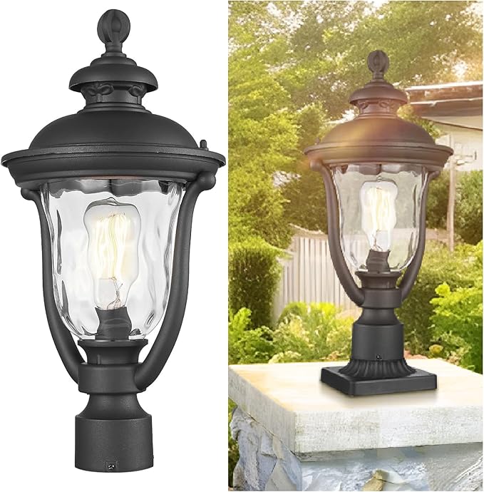 Outdoor Post Lights Modern Exterior Lamp Posts Light Fixtures Waterproof and Anti-Rust Aluminum Outside Pole Latern for Porch Patio Garden Water Ripple Glass Lamp Shade Black Finish