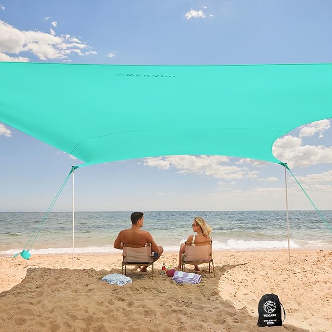 WEKAPO Beach Tent Sun Shelter - Easy Setup Beach Canopy with 4 Sturdy Poles Large Sandbags and Shovel 6'7'' Tall Windproof Sun Shade for Backyard and Camping UPF 50+ Protection