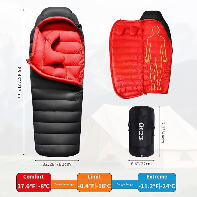 Down Sleeping Bag for Adults 620 Fill Power 0 Degree Sleeping Bag Cold Weather Ultralight with Pouch for Backpacking Camping Hiking