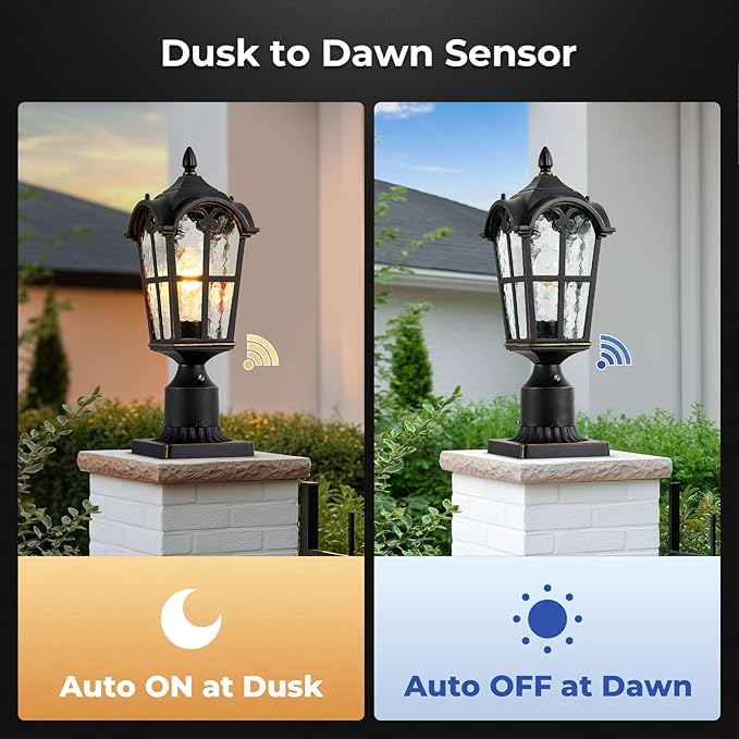 VIANIS Dusk to Dawn Outdoor Post Light Black 1-Pack Lamp Posts Outdoor Lighting with Pier Mount Base Waterproof Aluminum Outside Post Lights for Garden Patio Pathway (Hardwired 120VAC)