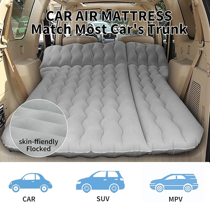Car Air Mattress Inflatable SUV Truck Camping Mattress for Back Seat Thickened Travel Car Bed Sleeping Pad with Air Pump 2 Pillows (SUV-Grey SUV Air Mattress)