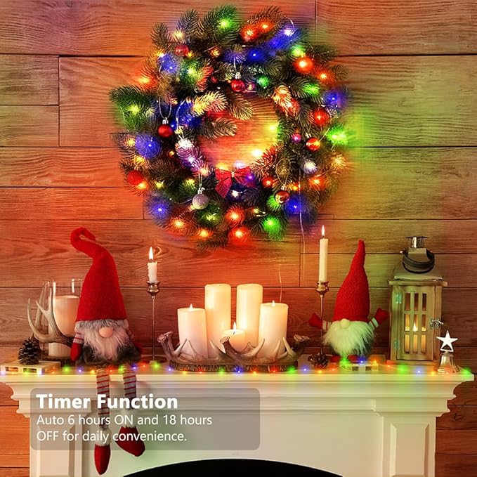 33ft Battery Operated String Lights (2 Pack) 100 LED Fairy String Lights Battery Powered w/Remote &amp Timer for Indoor Outdoor Christmas Trees Wreath Decoration Bedroom Patio - Multicolor