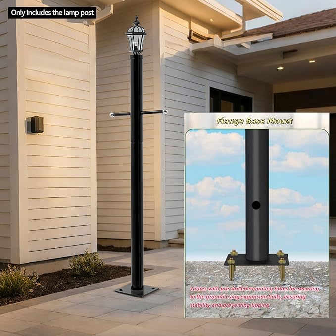 8FT Outdoor Lamp Post Split Street Light Pole with Cross Arm Base Mount Lighting Post Fixtures for Pathway Courtyard Parking Lot Fits Standard 3 Post Top Fixtures (8FT 76mm Base Mount)