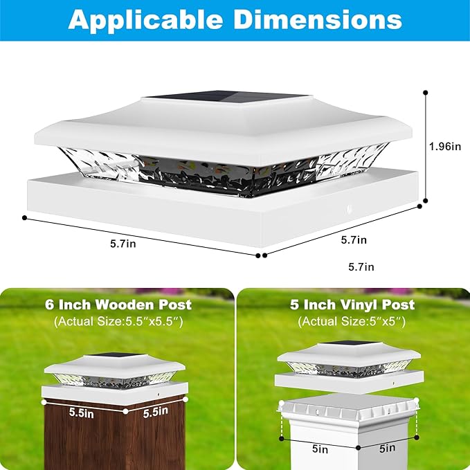 12 Pack 5x5 Fence Post Solar Lights - Outdoor Waterproof White Solar Post Cap Lights for 5.5x5.5 Vinyl Posts for Deck/Yard/Stair Lighting
