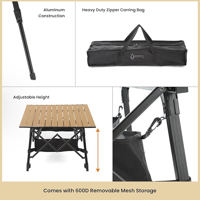 ARROWHEAD OUTDOOR 39 Aluminum Folding Camp Roll Up Table w/Adjustable Height Undertable Mesh Storage Carry Bag