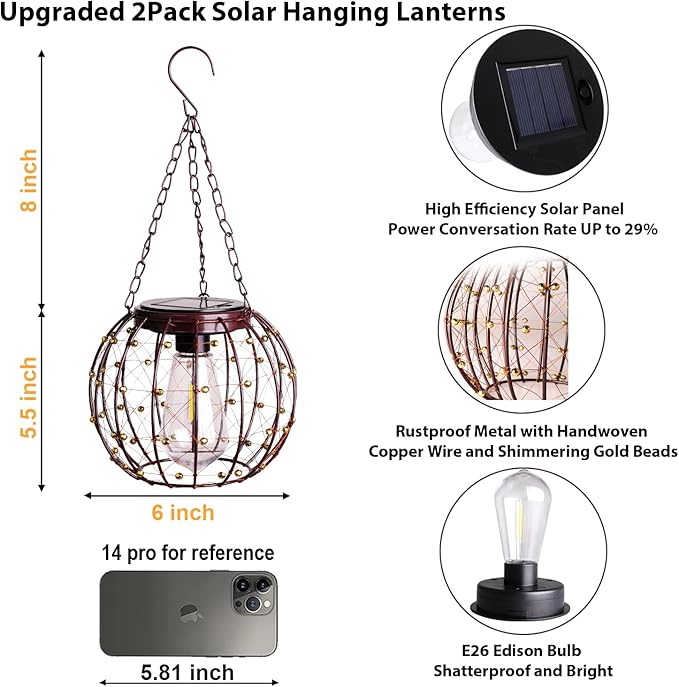 Hanging Solar Lanterns Solar Lights Outdoor Waterpoof Solar Chandelier with Warm White Led Bulb Beaded Copper Wire Ball Shade Patio Garden Decor Lights for Tree Yard Pathway Wall Eave Pergola-2Pack