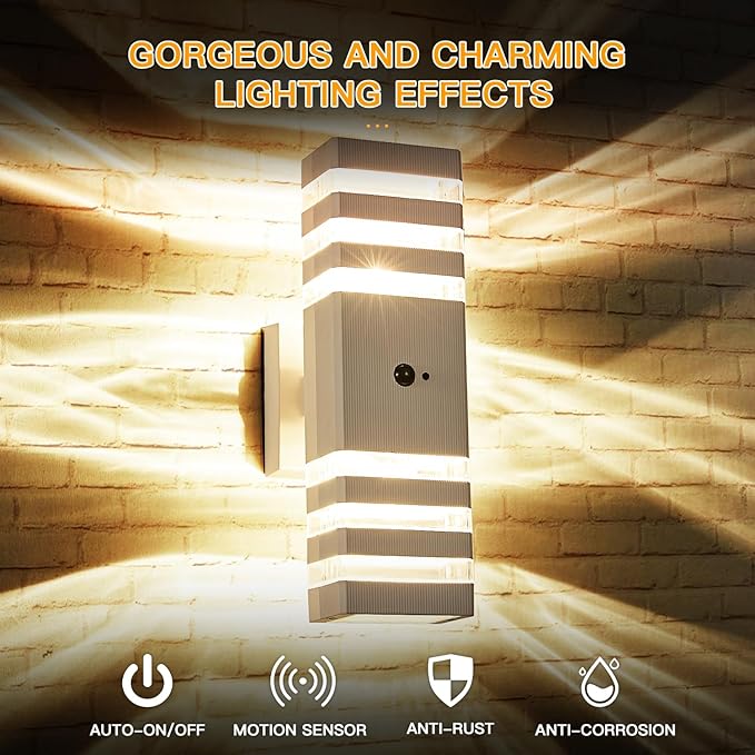 2 Pack Motion Sensor Outdoor Wall Lights with 4 Dimmable Bulbs Modern White Dusk to Dawn Porch Sconces Waterproof Up Down Exterior Lighting Fixtures Outside Coach Lamp for House Garage Front Door