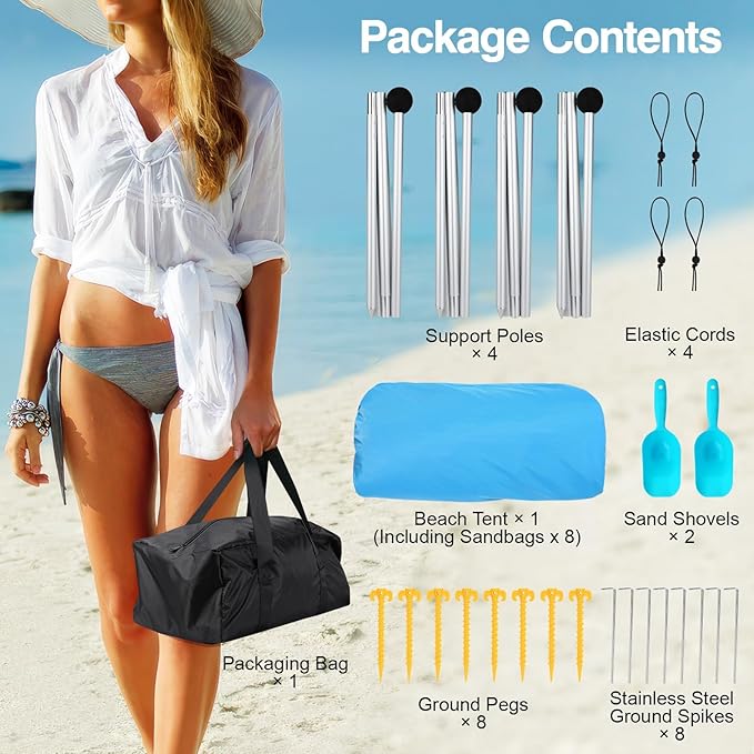 Rhino Valley Beach Tent Shade Canopy UPF50+ Protection 8 Sandbags 4 Stability Poles Outdoor Sun Shelter Umbrella for Sand Camping Fishing Essentials
