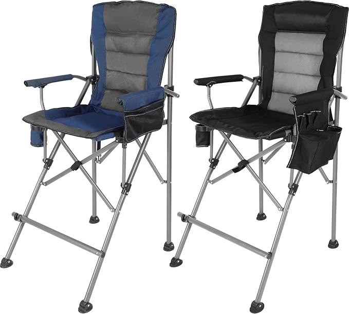 Extra Tall Folding Chairs for Adults 2 Pack Portable Bar Height Foldable Director Chairs for Camping Outside Comfortable with Makeup PocketHigh Back and Footrest Blue and Black