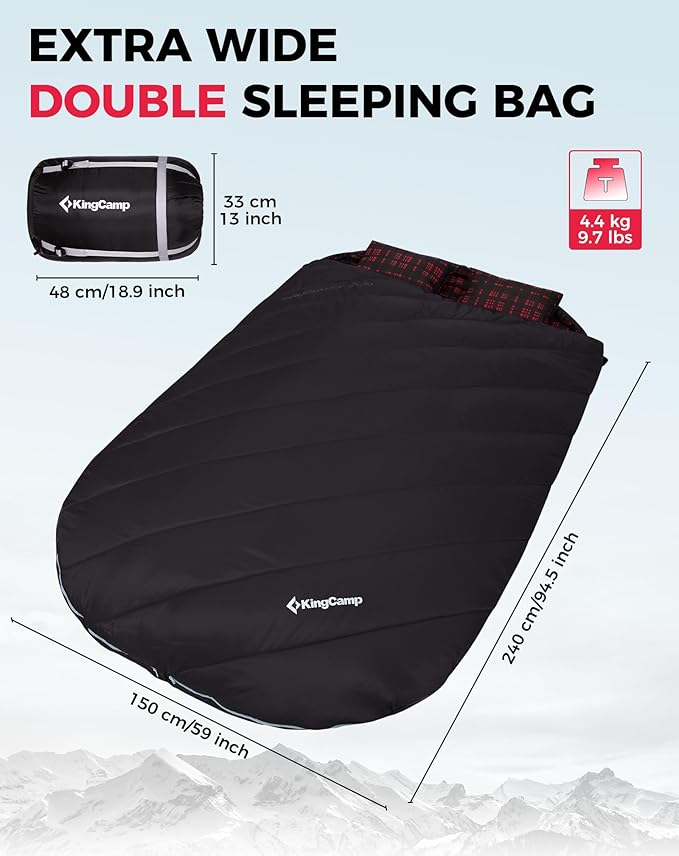 KingCamp Double Sleeping Bag for Adults Queen Size 2 Person XXL Flannel Sleeping Bag Waterproof Lightweight Flannel Quilt with 2 Pillows Perfect for Couples Family Camping Hiking