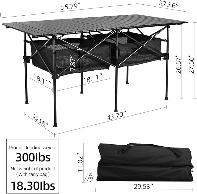 Sanny LargeOutdoor Folding Picnic Camping Table55X 27.56Portable Aluminum Roll-up Table with Storage Carry Bag for RV TravelIndoorOutdoorCamping BeachBackyardBBQPartyPatioPicnic