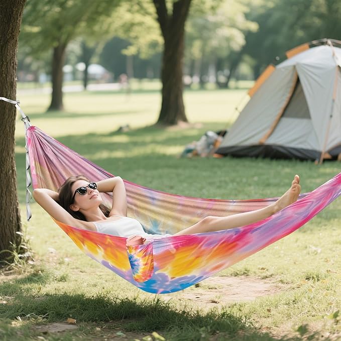 ALAZA Tie Dye Pink Yellow &amp Blue Camping Hammocks Single or 2 Person 500 lbs Portable Parachute Travel Hammock w/Tree Straps for Hiking Backpacking Indoor Outdoor