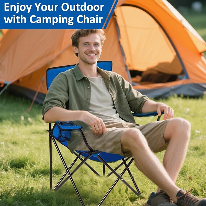 Folding Camping Chair with Cup Holder 225lbs Capacity Portable Foldable Chair with Large Anti-Sink Feet PE Coated Fabric for Outdoor Beach Fishing Backpacking Blue 2PCS