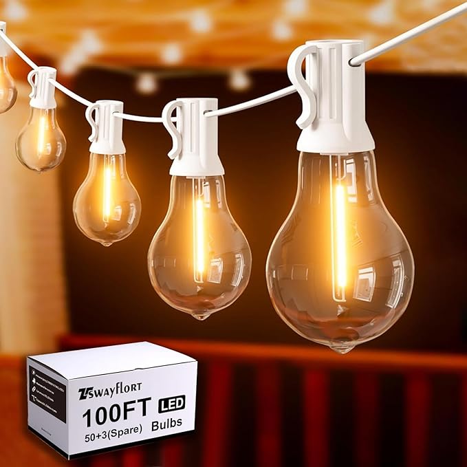 Outdoor String Lights 100FT LED Patio String Light String Lights for Outside with 53 LED Bulbs (3 Spare) White Outdoor Light for Yard Gazebo Pergola Porch Balcony White Cord