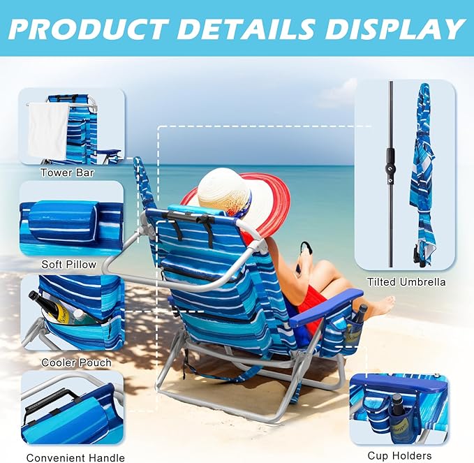 Beach Chair Backpack Chairs for Adults with Adjustable Umbrella Folding Beach Chairs with Storage Pouch Cup Holder &amp Towel Rack Adjustable Lounge Chair for Seaside Blue Strap