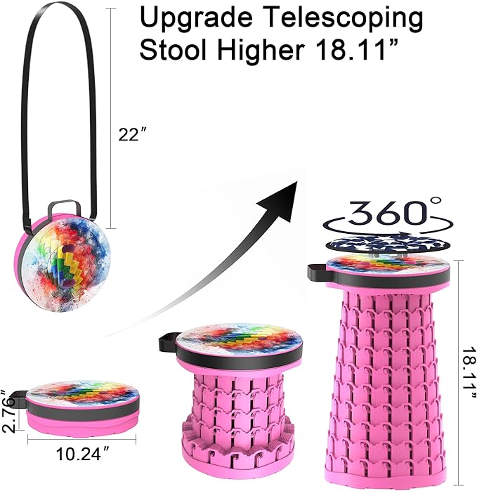 ALEVMOOM Upgraded Telescoping Collapsible Stool with Cushion Folding Stool with Printing Portable Retractable Foldable Seat Max Load 600lbs for Adults Camping Fishing Outdoor