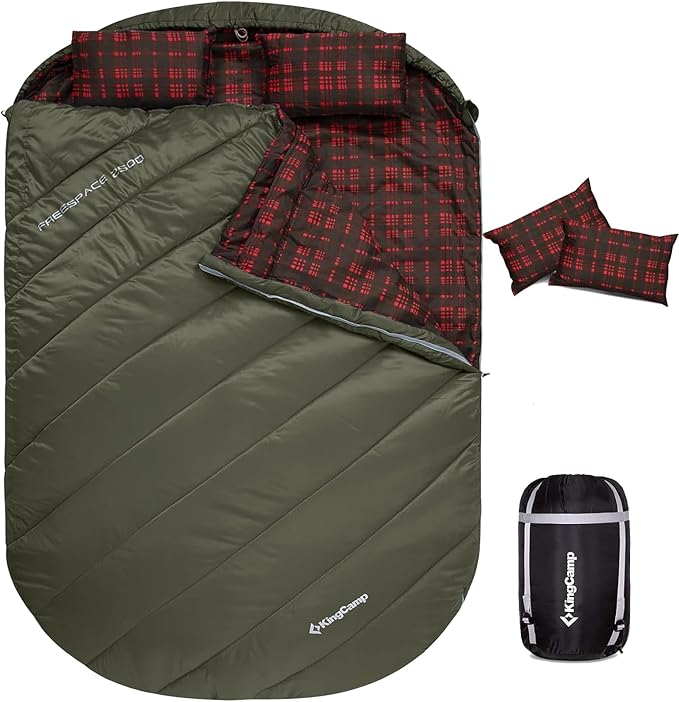 KingCamp Double Sleeping Bag for Adults Queen Size 2 Person XXL Flannel Sleeping Bag Waterproof Lightweight Flannel Quilt with 2 Pillows Perfect for Couples Family Camping Hiking