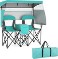 S AFSTAR Camping Chair with Canopy 2-Person Folding Beach Chair with Cup Holders 3-Side Shading Curtains &amp Cooler Bag Foldable Loveseat Lawn Chair for Camping Outdoor &amp Fishing (Turquoise)