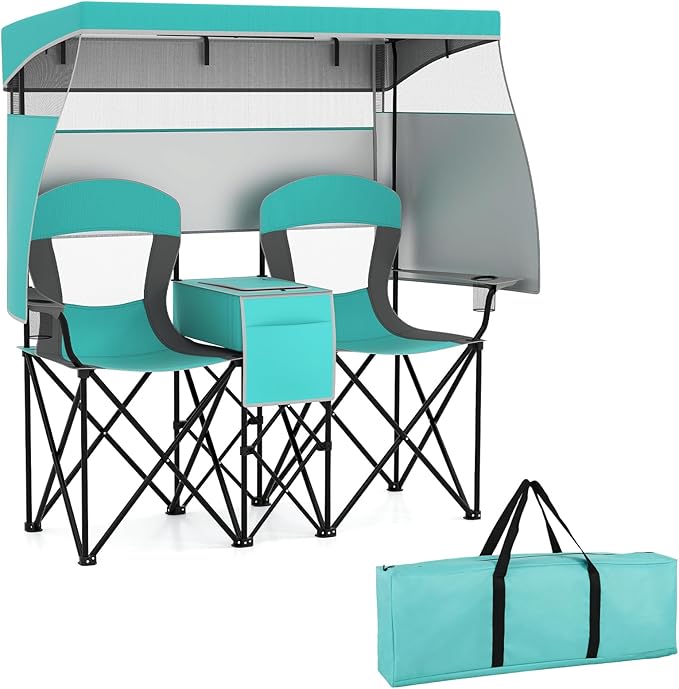 S AFSTAR Camping Chair with Canopy 2-Person Folding Beach Chair with Cup Holders 3-Side Shading Curtains &amp Cooler Bag Foldable Loveseat Lawn Chair for Camping Outdoor &amp Fishing (Turquoise)