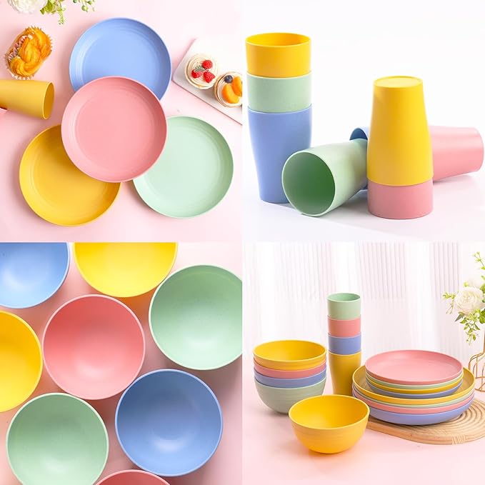 32 pcs Unbreakable Lightweight Wheat Straw Dinnerware Sets for 8 Reusable Kids Plates and Bowls Sets Non Toxic Microwave and Dishwasher Safe Plastic Dishes Set Camping RV Picnic Dishes