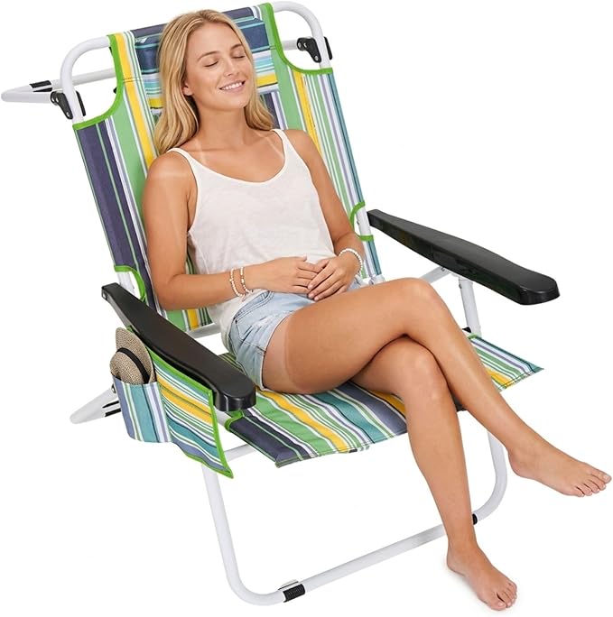 Tall Beach Chair for Adults 17 High Backpack Beach Chair with ArmrestReclining Portable 5 Position Lay Flat Lightweight Folding Camping Chairs w/Large Cooler PouchSupport to 350LBSGreen