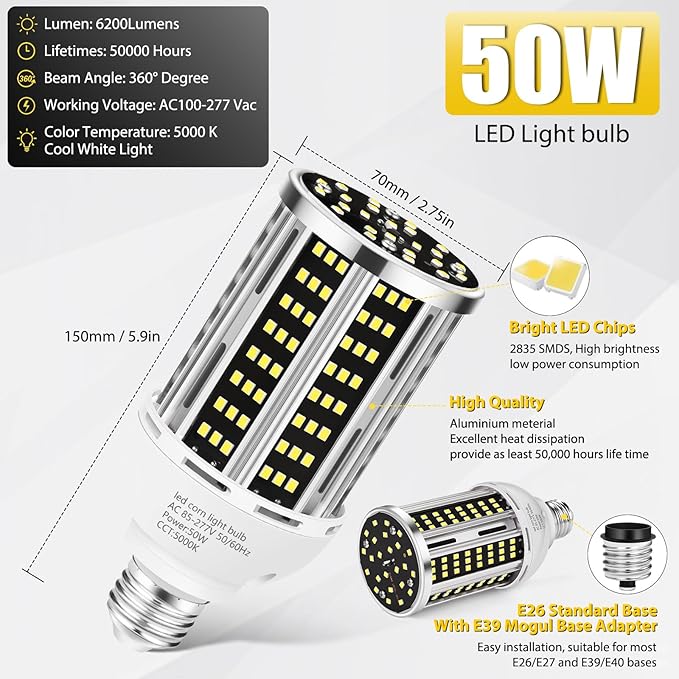 50W 2 Pack LED Corn Light Bulb5000K Daylight 6500LM(500W Equivalent) Commercial GradeE26/E39 Medium Mogul Base LED LampLarge Area Lights for Outdoor Indoor Garage Warehouse Factory Bay Light