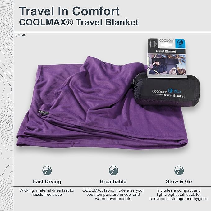 cocoon - Coolmax Travel Blanket | Compact Throw Blanket for Camping and Hiking | Fits in Backpack | Attaches to Luggage | Travel Essential | Fast Drying (Regular 70 x 55)