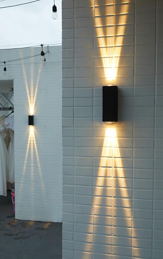 Bofea-Outdoor Waterproof Wall Sconce Black Aluminum Construction with Dual Up/Down LED Lights Black Wall Sconces Outside Wall Lights Ideal for Patio Garden and Porch Lighting(Three Beams Up And Down)
