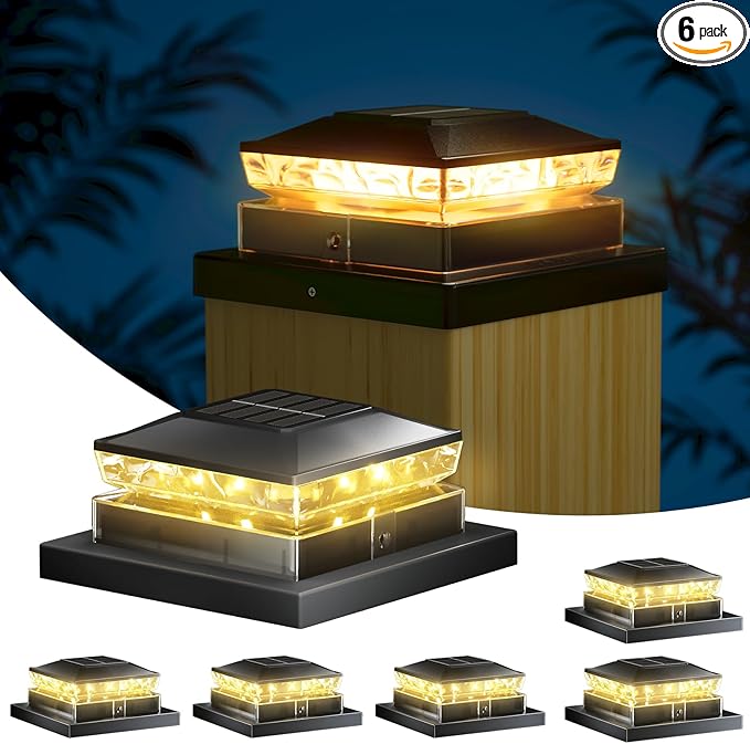 Solar Post Cap Light 6 Packs Waterproof Fence Post Solar Lights 4x4 IP65 Black Outdoor Light for Deck Garden &amp Patio Lights for 3.5x3.54x45x5 Wood &amp Vinyl Posts Warm White Lighting