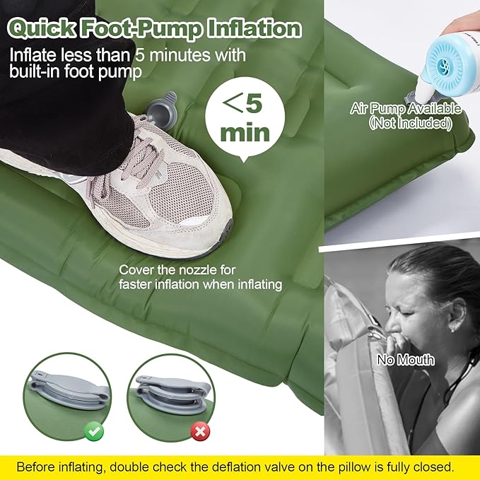 CAMULAND Double Camping Sleeping Pad 4.7 Ultra-Thick Self Inflating 2 Person Inflatable Mat with Built-in Pillow Foot Pump Waterproof for Backpacking Hiking Tent RV TravelOlive Green