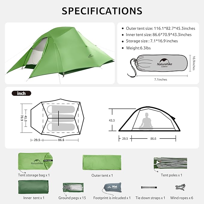 Naturehike Cloud Up 3 Person Backpacking Tent with Footprint - 3 Season Free Standing Lightweight 3 Person Camping Tent | with Footprint Free Standing Dome Camping Hiking Waterproof