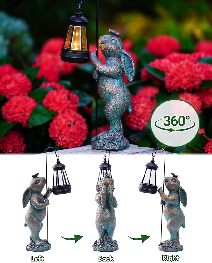 Garden Statues Outdoor Bunny with Solar Lantern – Rabbit Yard Decor Waterproof Resin Figurine Pathway Light for Lawn &amp Patio