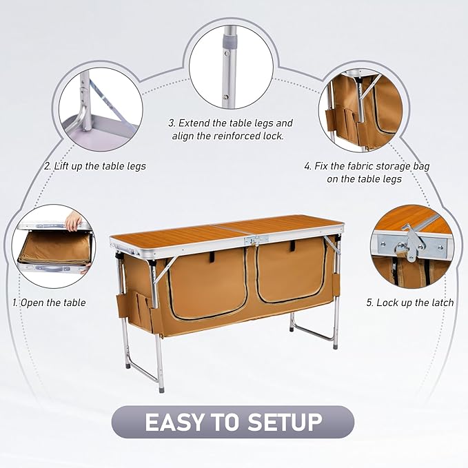 VINGLI 4 Ft Folding Table Aluminum Camping Table Picnic Table with Storage Adjustable Height for Outdoor Beach BBQ Backyards Travel Party (Brown)