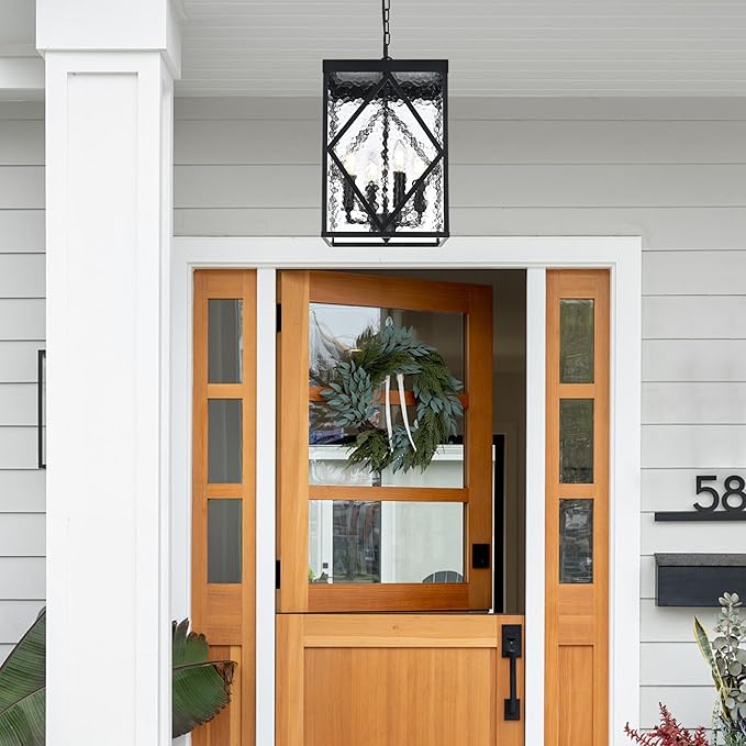 Outdoor Pendant Light with Water Ripple Glass 4-Light Exterior Hanging Porch Light Large Lantern Pendant Light Waterproof Black Outside Chandelier for House Front Door Patio Entrance