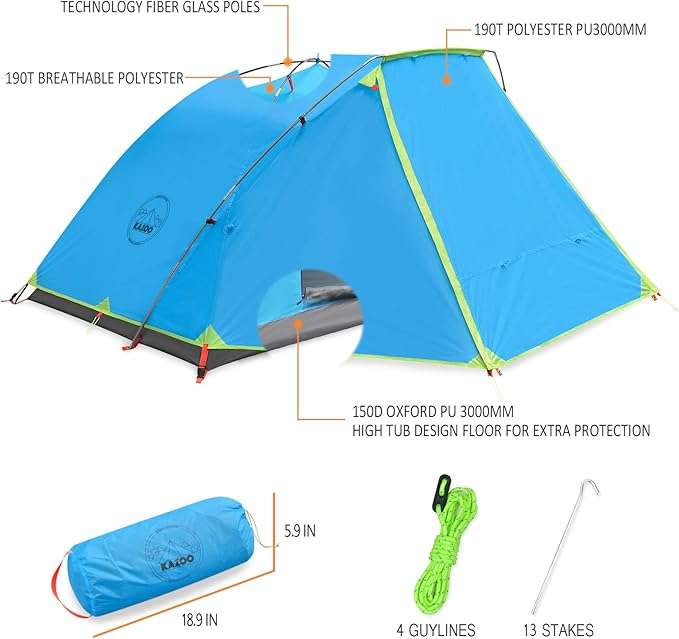 KAZOO 2／4 Person Camping Tent Outdoor Waterproof Family Large Tents 2/4 People Easy Setup Tent with Porch Double Layer | Outdoor Waterproof Family Large Tents Easy Setup
