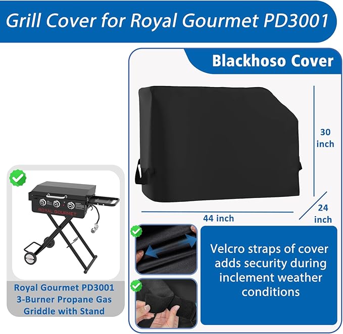 Griddle Cover for Royal Gourmet PD3001 3-Burner Propane Gas Griddle with Collapsible Stand 600D Heavy Duty Wateproof UV Protected Cover for Scissor Legs Griddle 44 x 24 x 30