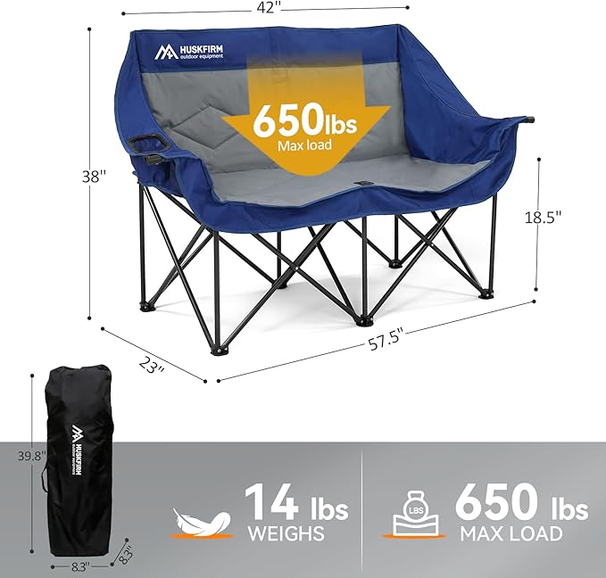 Double Camping Chairs Oversized Loveseat - 2 Person Camping Chair Portable Lawn Folding Chair for Outside Adults - Heavy Duty Outdoor Camping Couch with Cup Hold Blue