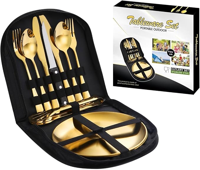 Camping Mess Kits with Portable Case Stainless Steel Outdoor Picnic Dinnerware Set with Plate Spoon Fork Knife Cloth Napkins