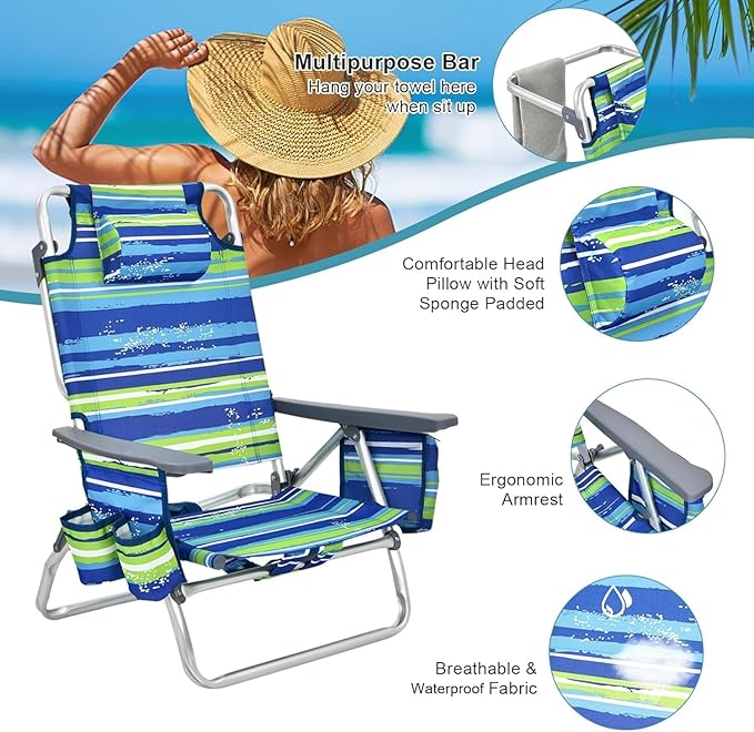 GYMAX Beach Chairs Backpack Camping Chair with Armrest Cooler Bag Cup Holder Towel Bar &amp Side Pockets Sunbath Sling Tanning Lounge Folding Layout Chair (Without Table Blue Stripe)