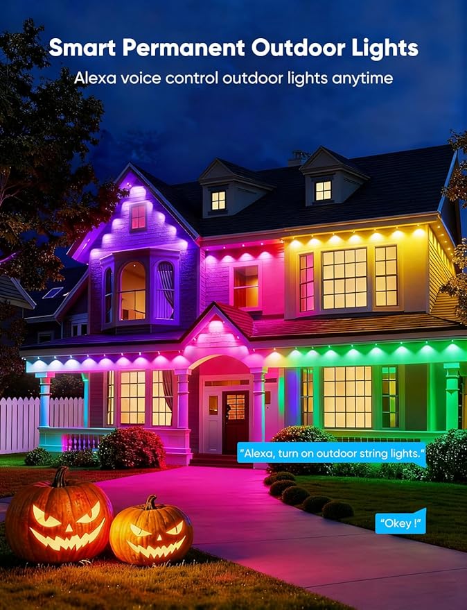 APPECK Permanent Outdoor Lights 400ft with 288 LED Lights 144W Smart RGBW Eaves LightsDC 36V 40LM IP67 Waterproof String Lights for Christams Party Decor Compatible with Alexa Black
