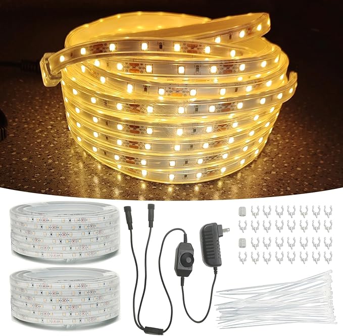 33FT 2-Pack 12V LED Rope Lights Outdoor - 1200 LEDs Warm White Dimmable Thick Flat Rope Lighting Waterproof for StreetCeilingBackyardsCommercial Use Indoor Outdoor Tape Lights