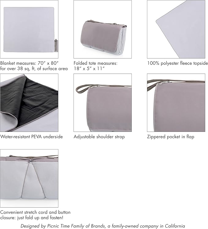 Picnic TIME Blanket Tote XL Outdoor Picnic Blanket 70x80 Foldable Beach Mat with Soft Fleece Top Water-Resistant Backing Carry Strap &amp Pocket Portable Blanket for 4-5 People (Greige)